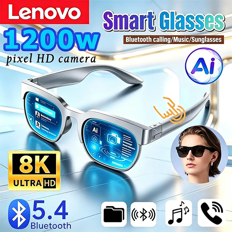 Lenovo Wireless AI Smart Glasses Bluetooth Remote Control 8K HD Photo Call Music Sports Sunglasses Gift for Men Women Casual Use