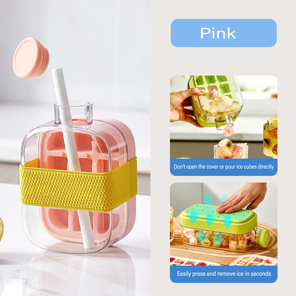 500ML Large Capacity Ice Cube Maker Water Bottle Silicone Tray with Straw for Juice Beverage Cooling Ice Making Stackable Design