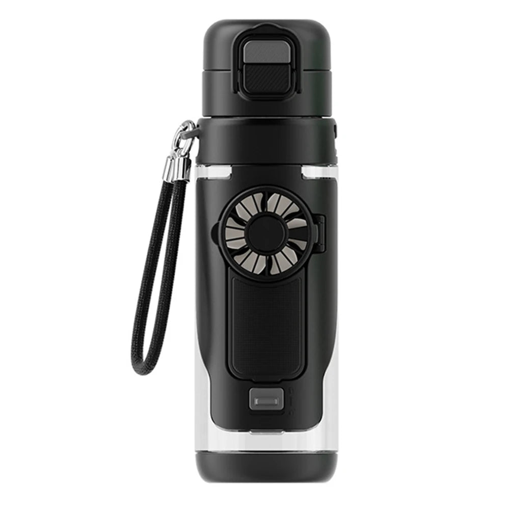 Novelty Flip Straw Water Bottle With Built-In Fan Lightweight Portable Non BPA 2 in 1 Sports Drink Bottle for Summer Outdoor