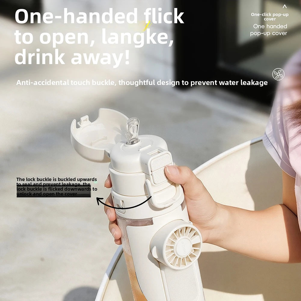Novelty Flip Straw Water Bottle With Built-In Fan Lightweight Portable Non BPA 2 in 1 Sports Drink Bottle for Summer Outdoor