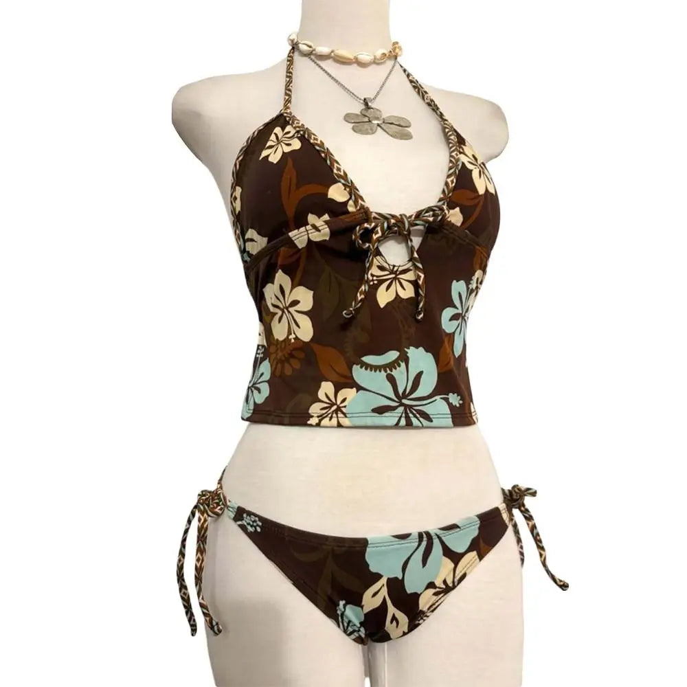2Pcs/Set Fashion Summer Y2k Beach Bikini Punk Harajuku Women Swimsuit Casual Bathing Suit Beachwear Vacation