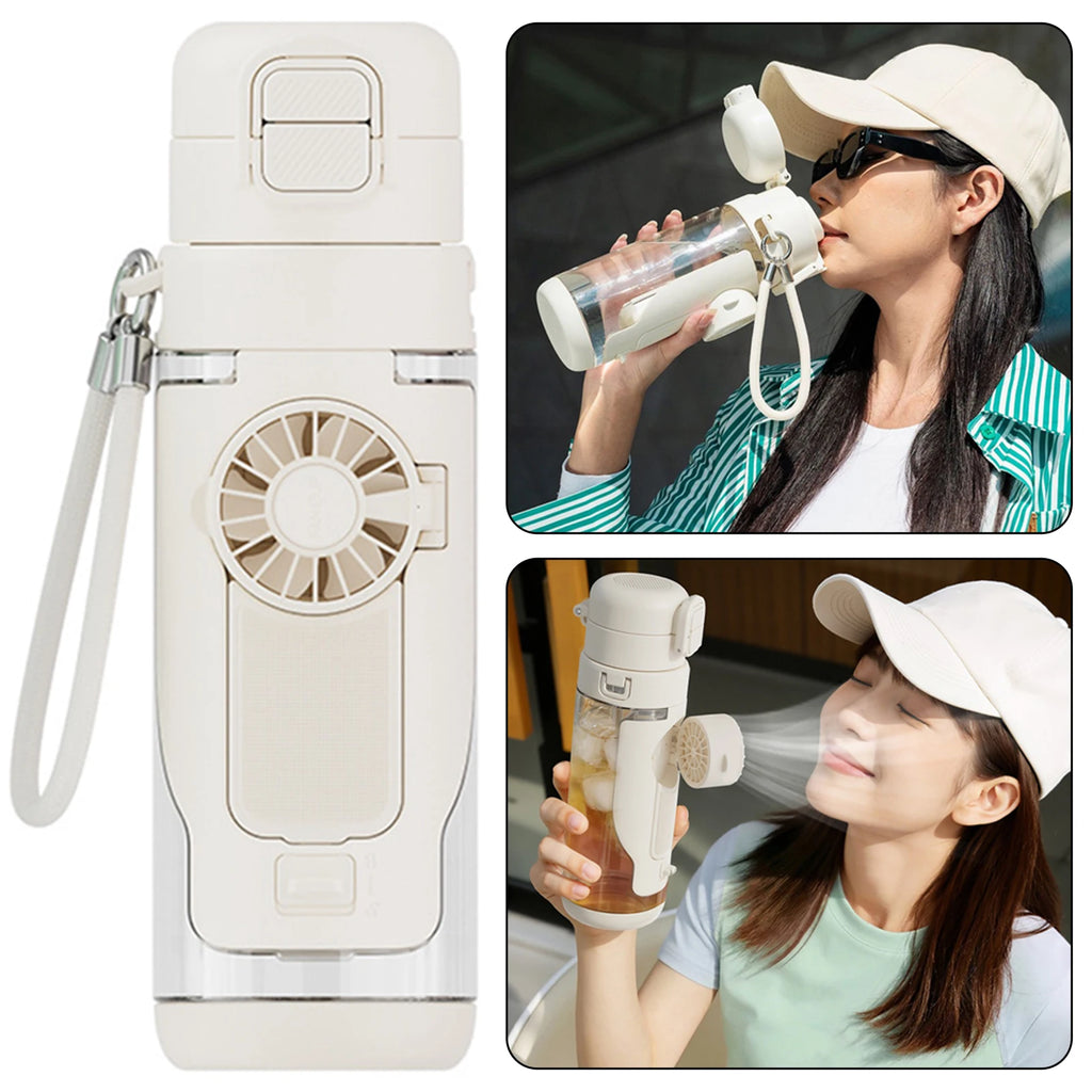 Novelty Flip Straw Water Bottle With Built-In Fan Lightweight Portable Non BPA 2 in 1 Sports Drink Bottle for Summer Outdoor