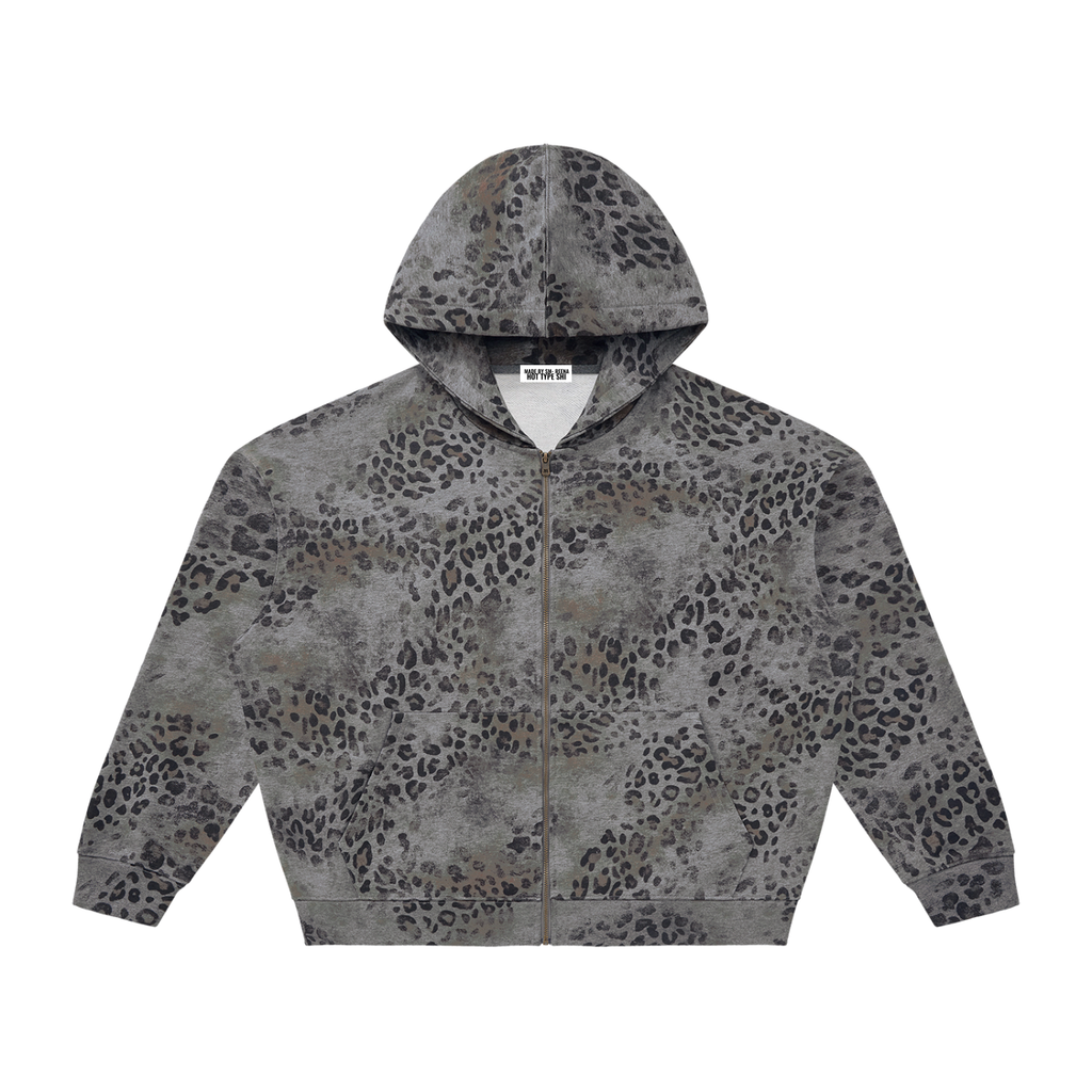 Unisex Wash Leopard Zip Hoodie
