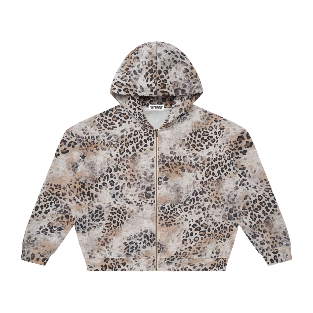 Unisex Wash Leopard Zip Hoodie